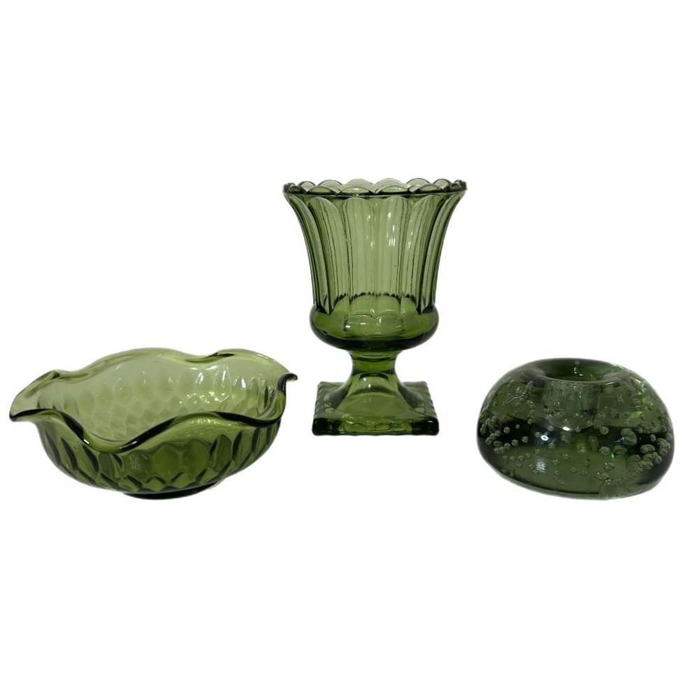 Avocado Glass Trio Candy Dish Vase Candle Holder Set of 3 Vintage